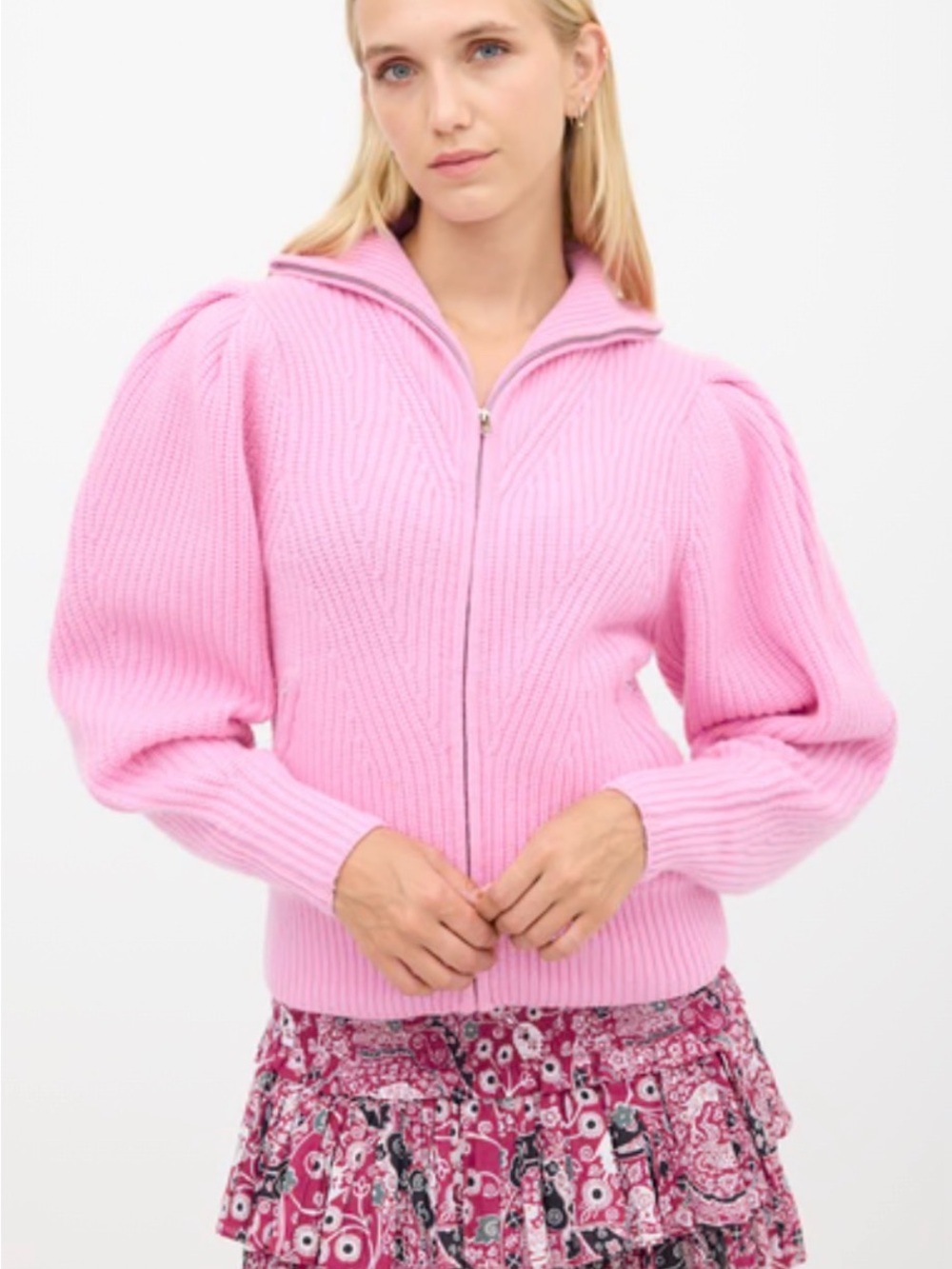 Isabel Marant Pink Zip-Up Puff Sleeve Ribbed Cardigan size 36